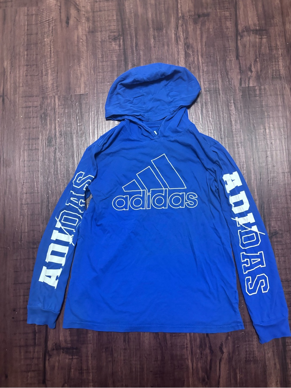 adidas Royal Blue Hooded Long Sleeve Logo Tee boys L